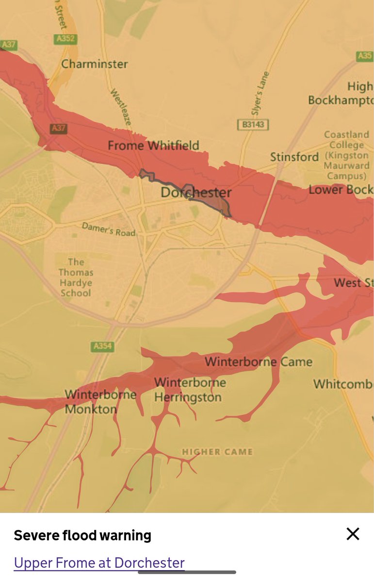 Official_WXUK's tweet photo. SEVERE flood warning ⚠️ meaning danger to life has been issued for the Upper Frome at Dorchester in Dorset. River levels are still rising rapidly and severe flooding is expected. https://t.co/KQiLOi4I5B
