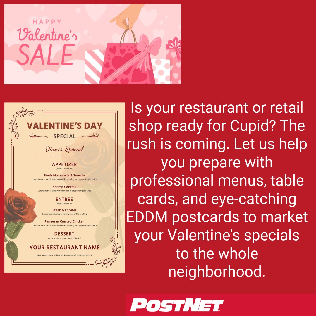 PostNetTN116's tweet image. Valentine’s Day countdown is on! ❤️

Restaurants &amp;amp; retailers, it’s time to shine! From prix fixe menus to table decor &amp;amp; direct mail, we’ve got you covered. Mention this post for a free design consult. Visit 423.516.1550 or postnet.com/tn116 today!