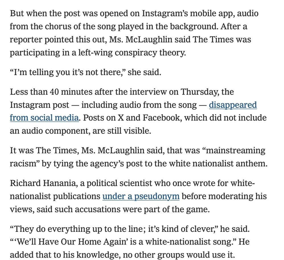 RichardHanania's tweet image. A hilarious example of how much the administration lies and just how lacking in virtue these people are. 

DHS posted a meme with the phrase "We'll have our home again," a phrase from a white supremacist song. 

When asked about it by the NYT, Tricia McLaughlin denied that the…