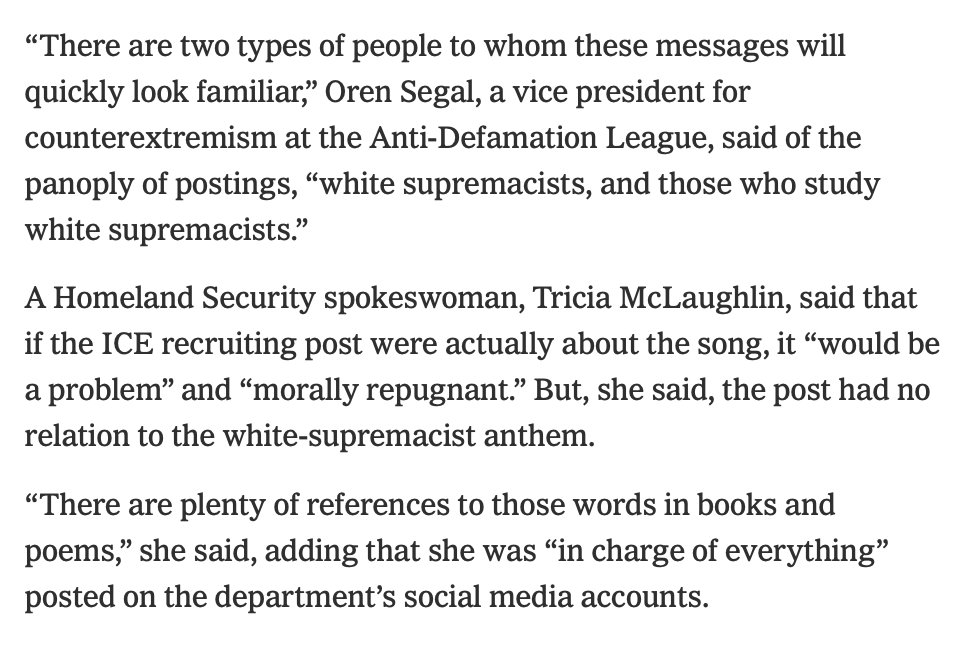 RichardHanania's tweet image. A hilarious example of how much the administration lies and just how lacking in virtue these people are. 

DHS posted a meme with the phrase "We'll have our home again," a phrase from a white supremacist song. 

When asked about it by the NYT, Tricia McLaughlin denied that the…