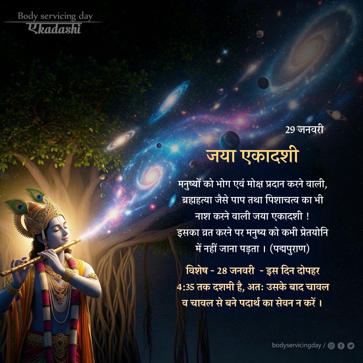 🌷 29 जनवरी - जया एकादशी 🌷

मनुष्यों को भोग एवं मोक्ष प्रदान करने वाली, ब्रह्महत्या जैसे पाप तथा पिशाचत्व का भी नाश करने वाली जया एकादशी ! इसका व्रत करने पर मनुष्य को कभी प्रेतयोनि में नहीं जाना पड़ता । (पद्मपुराण)

#BodyServicingDay
#JayaEkadashi