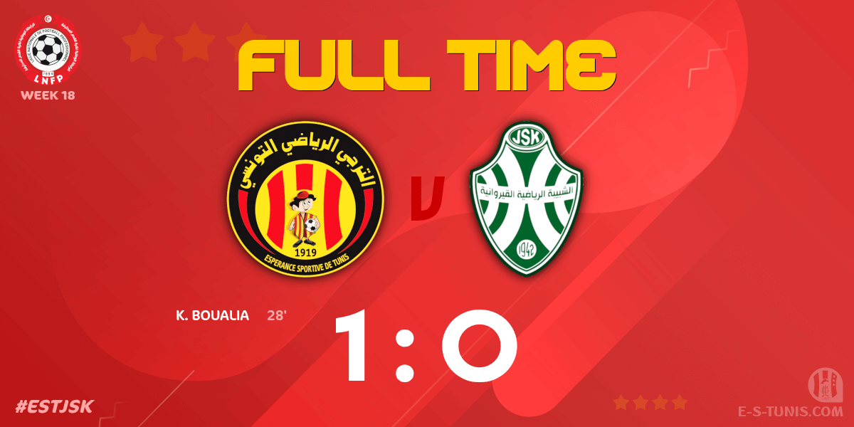 ESTuniscom's tweet photo. ⏱ FT | #Ligue1Tn🇹🇳 Week 18 #ESTJSK | @ESTuniscom 1⃣-0⃣ #JSKairouan : End of the match / نهاية المباراة / Fin du match https://t.co/kIMhrda8lX