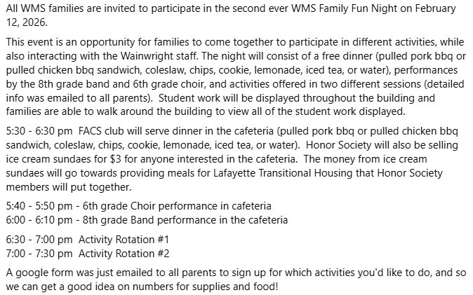 WMS_Mustangs's tweet photo. WMS PARENTS - Check your email for WMS February 12, 2026 Family Fun Night Info! https://t.co/zJMk7n4V9o