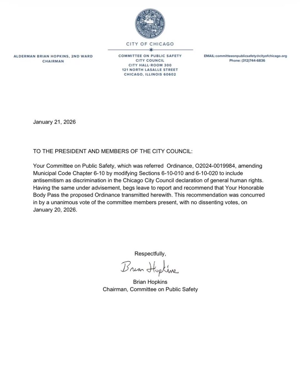 MAJOR ANNOUNCEMENT:

Chicago has just voted in favor to OFFICIALLY ADOPT the IHRA definition of antisemitism into municipal code law.