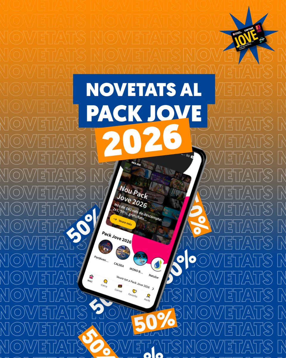 carnetjove_cat's tweet photo. Descobreix alguns dels nous descomptes del Pack Jove 2026 🎒✨Gaudeix tot l’any d’avantatges i experiències pensades per a tu 💥
Vols veure tots els descomptes del pack? Entra a l'app de Carnet Jove!
#CarnetJove https://t.co/rtib9kfEVj