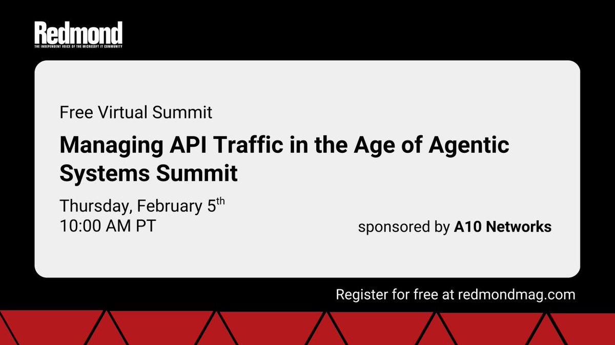 RedmondIT's tweet image. Agentic systems are stressing APIs in new ways.

Join us on Thursday, Feb. 5th, for this FREE virtual summit sponsored by @A10Networks, and learn how teams are adapting.

Register now: redmondmag.com/webcasts/2026/…

#APIs #AgenticAI