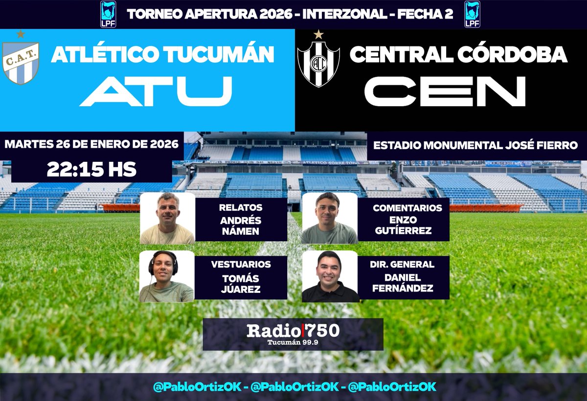 #TorneoApertura🇦🇷 | #AtléticoTucumán vs. #CentralCórdoba
🎙️ Relata: <a href="/NamenAndres/">Andres Namen</a>
🎙️ Comenta: Enzo Gutierrez
🎙️ Vestuarios: <a href="/TomasVa66137314/">Tomas Valentin Juárez 🎙️📰</a>
Dirección General: <a href="/DanielF41542591/">Daniel Fernandez ⭐️⭐️⭐️🇦🇷</a>
📻: <a href="/La750Tucuman/">La 750 Tucumán</a>
<a href="/P_autorizada/">Palabra Autorizada</a>