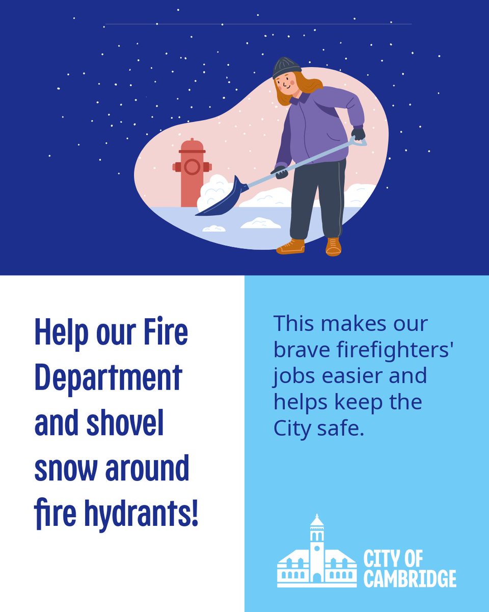 CambMA's tweet photo. 🚒 Did you know there are nearly 2000 fire hydrants in the City? If you are able, please join CFD and shovel out your nearest hydrant. This will expedite the hydrant clearing process and help to keep our City safe. https://t.co/DqwniP3QkA https://t.co/jCFh0rEUYE