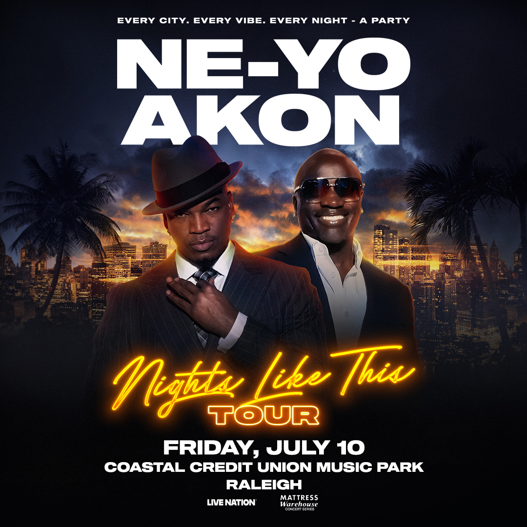 JUST ANNOUNCED!  NE-YO and AKON are bringing the party to Coastal Credit Union Music Park Raleigh on Friday 7/10 for the Nights Like This Tour. Big hits. Big Energy. These are the nights we live for! Tickets on sale Friday 1/30 at 10am here: 🔥 bit.ly/NEYO_AKON_RAL26