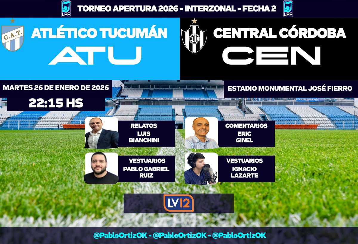 #TorneoApertura🇦🇷 | #AtléticoTucumán vs. #CentralCórdoba
🎙️ Relata: <a href="/LUCHO9G/">Luis Bianchini</a>
🎙 Comenta: Eric Ginel
📔  Vestuarios: <a href="/PabloGabRPD/">Pablo Gabriel</a> - <a href="/Ignaciolazarte_/">Ignacio lazarte</a>
🎧 Central Informativa: <a href="/MartinDattellis/">martin D'Attellis</a>
🗣️ Locución: Elvio González
📻: <a href="/LV12TUC/">LV12RADIO</a>
<a href="/el_deportivo12/">#ElDeportivo12⚽📻</a>