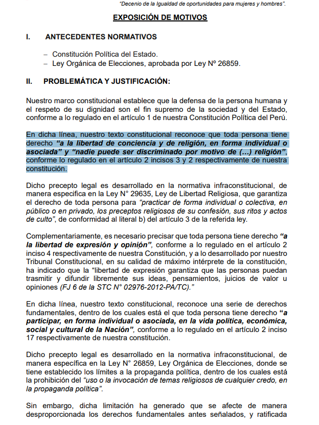 La congresista Norma Yarrow (Renovación Popular) presentó un proyecto de ley que tiene por objetivo eliminar la prohibición del ejercicio de la libertad religiosa o el uso de temas religiosos durante los procesos electorales.