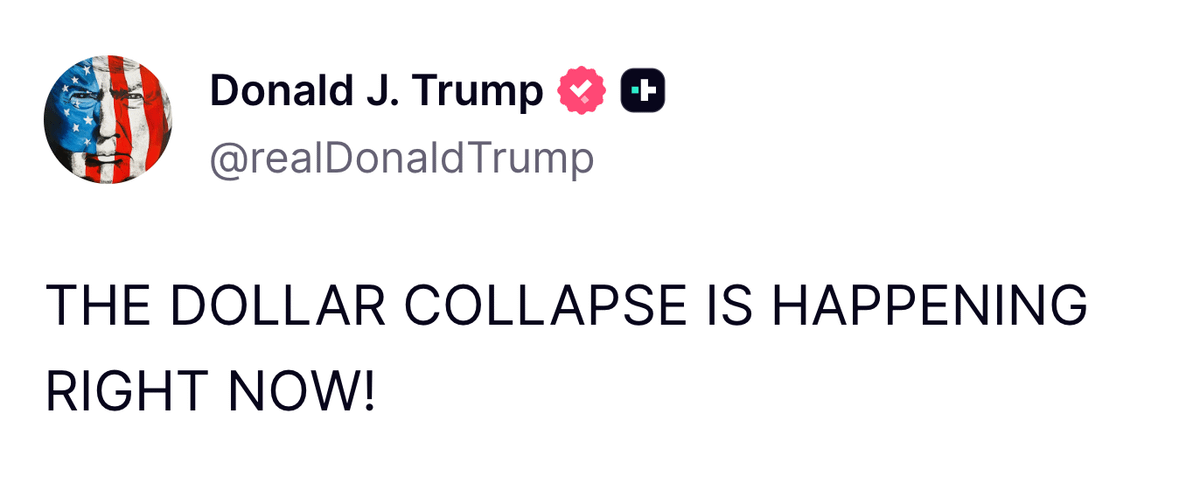 DefiWimar's tweet photo. 🚨 BREAKING: THE DOLLAR COLLAPSE IS INEVITABLE!

And it's already happening RIGHT NOW!

USD lost about 13% of its value during 2025.

Why? Because they've lost the lead.

That one fact explains a lot.

Because when the currency bleeds like that, everything else is just the next chapter.

Shutdown.
Debt.
Repo stress.
De dollarization.

It's all connected.

Now look at what's happening.

The government is days away from a shutdown, and the White House is in chaos.

Why? Because they lost control AGAIN.

They hate what they can't control, and they know there's no clean fix for the mess that's building.

They'll try to feed you the usual line that "everything is fine".

But people don't buy it anymore.

Lies only work for so long.

And when the truth finally hits, the crash will be far more violent than if they'd been honest from the start.

THE PATTERNS ARE SCREAMING 2008

The Fed's emergency repo facility just spiked.
Private lenders are getting tight with each other again.
That's exactly how it looked before Lehman.

The S&P 500 to gold ratio just broke a key support level.
The last time we saw that, risk got smoked.

The Sahm Rule is back in the danger zone.
End of 2025 was already flirting with 0.35% to 0.50%.

THE MATH DOES NOT ADD UP

Over $800B in commercial real estate debt matures this year.
Rates are still high, and the buildings are worth way less than the loans.
Banks are already pushing this risk out the back door for cheap.

Now add the chaos at the top.

On January 11, 2026, the DOJ opened a criminal investigation into Powell over his testimony on the $2.5B Fed renovations.
Powell's calling it punishment for resisting the White House on rates.

Meanwhile, consumers are cracking.

Credit card delinquencies 90+ days past due are hitting levels not seen since 2011.
Auto loans and credit cards are sliding into serious delinquency.
Some reports show total household debt around $18.5T into late 2025 and early 2026.

And businesses aren't safe either.

Bankruptcy filings are up around 12% year over year going into 2026.
Middle market companies are staring at a wall of debt they can't refinance at these rates.

But the real story is de dollarization.

The USD used to be the undisputed reserve.
Now, in 2026, most trade between Russia, China, and India is settled without it.

With the government unable to handle $1T in interest payments, they're trapped.
Inflate it away, or let the system break.

Basically, THEY HAVE NO PLAN.

I'm not trying to scare you.
I'm warning you so you can survive it.

If you're smart, this is your one shot at generational wealth.

BUT YOU MUST GET RID OF YOUR USD.

The biggest wealth transfer in human history is coming FAST.

I did my job by warning you.
The rest is up to you.

I’ve studied macro for 10 years and I called almost every major market top, including the October BTC ATH.

Follow and turn notifications on.

I’ll post the warning BEFORE it hits the headlines.