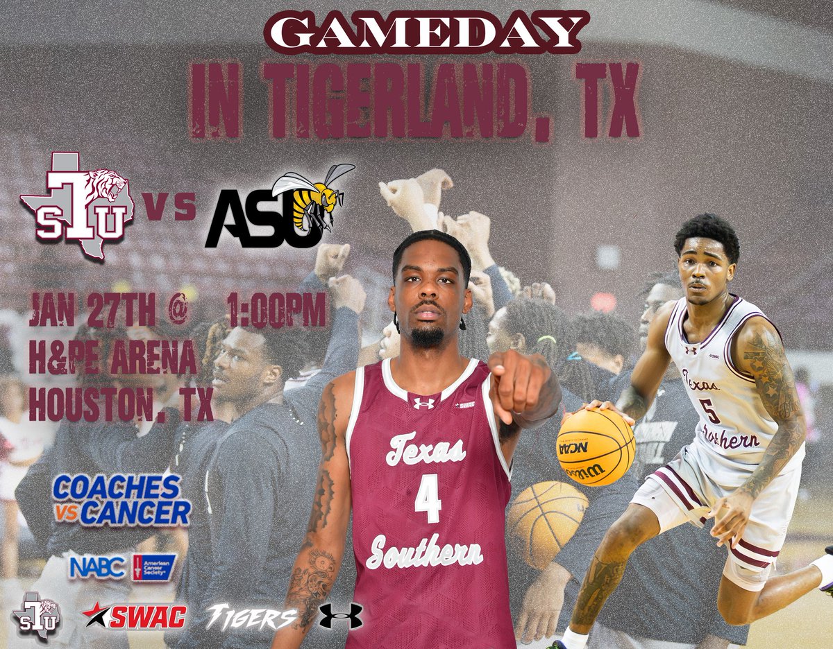 TSUMensHoops's tweet photo. GAME DAY IN HOUSTON🏀  
COACHES VS CANCER

🆚 Alabama State Hornets
📍 H &amp; PE Arena
⏰ 1:00pm 
🖥 Texas Southern Athletics youtube page

#TSUProud #TexasSouthernBasketball
#Gotigers #Swac #Swacbasketball #BeLegendary #coachesvscancer https://t.co/TJ4Xyo6d66