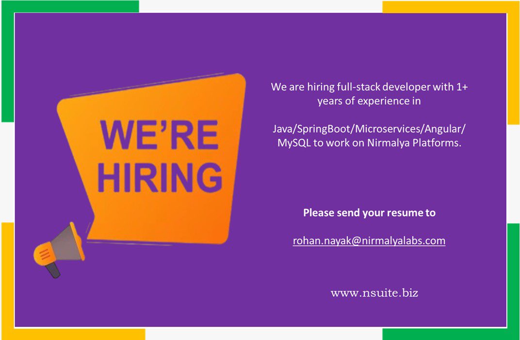 We are hiring full-stack developer with 1+ years of experience in Java/SpringBoot/Microservices/Angular/MySQL. #hiring #java #springboot #fullstack #deveopers #nirmalya #nsuite #nerp