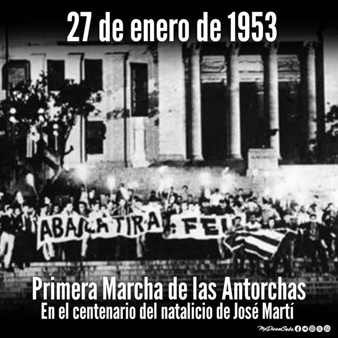 HOY EN LA HISTORIA 27/01/1953,  partió la importante Marcha de las Antorchas desde la escalinata hacia la
Fragua Martiana, bajan por San Lázaro hacia Espada y se continuó hasta las calles 27 y Hospital. #TenemosMemoria #Cuba #Azucareros <a href="/ICIDCA3/">ICIDCA AZCUBA</a>