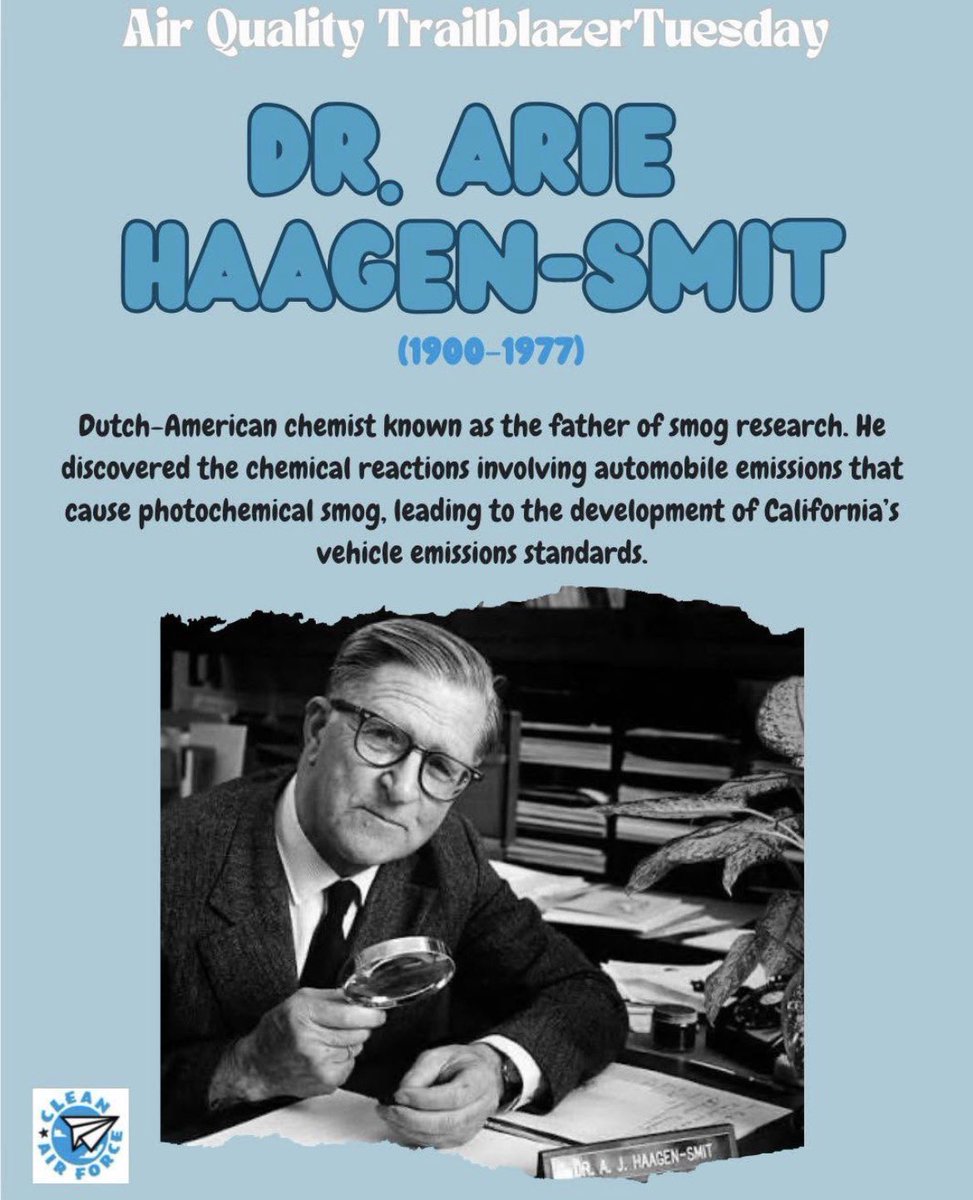 CleanAirForceTX's tweet image. Trail Blazer Tuesdays 🔬🚗  

Dr. Arie Haagen-Smit cracked the code on photochemical smog and shaped vehicle emissions standards that still protect our air today. 

#TrailBlazerTuesday  #Cleanairforce