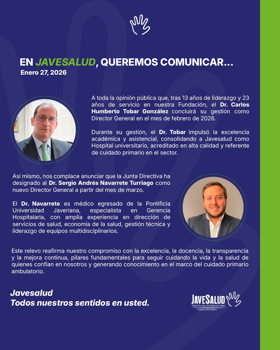 EN #JAVESALUD, QUEREMOS COMUNICAR...

A toda la opinión pública que el Dr. Sergio Navarrete Turriago será el nuevo Director General desde marzo, tras concluir la exitosa gestión del Dr. Carlos Tobar González.