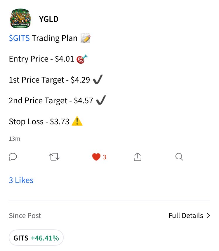 $GITS 1st Alert Of The Morning 🚨 

Currently Halted 🛑 

Over 40% Of Range 📈

Congrats Bulls 👏 

$XTKG $NUWE $PHGE $XHLD $SEGG $ROLR $VERO $JFBR $RAYA $ORIS $MLEC $EVTV $QQQ $SPY $SLVR

#daytrading #pennystocks #investing #bullish #wallstreetbets