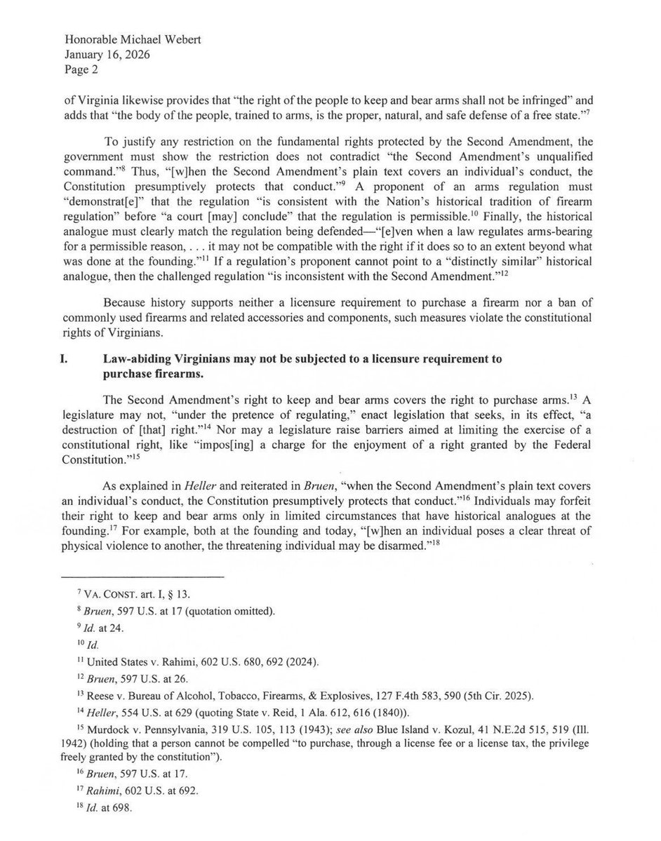 JasonMiyaresVA's tweet image. Not only is Virginia Democrat’s SB 749  blatantly unconstitutional (see my AG Opinion) but by removing the grandfather clause with a stroke of a pen countless law abiding citizens who have never committed a crime can be punished up to 12 months in jail all for believing in their…