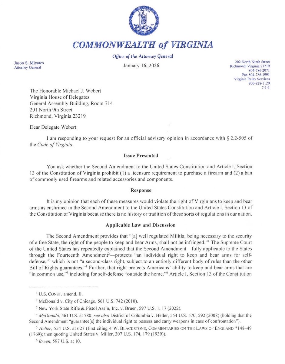 JasonMiyaresVA's tweet image. Not only is Virginia Democrat’s SB 749  blatantly unconstitutional (see my AG Opinion) but by removing the grandfather clause with a stroke of a pen countless law abiding citizens who have never committed a crime can be punished up to 12 months in jail all for believing in their…