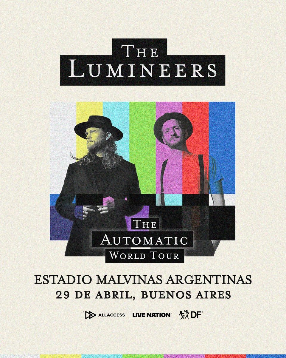 📣  #TheLumineers

🗓️ 29 de Abril
📍 Estadio Malvinas Argetninas

🎟️ Venta general, 30 de enero, 10hs.
