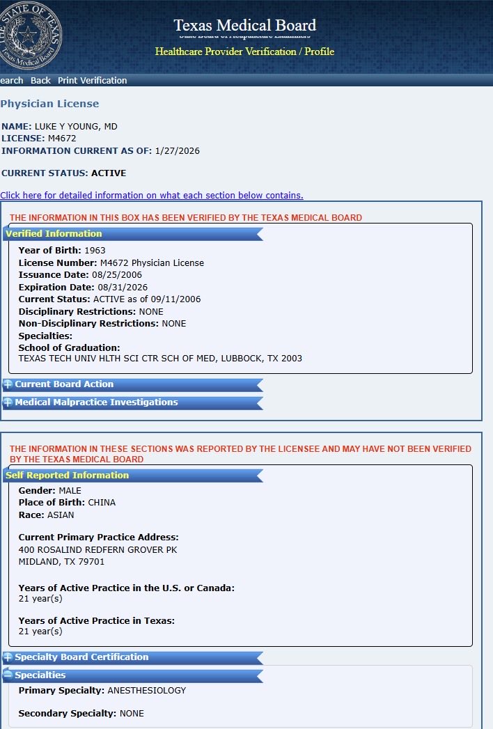 <a href="/Sharon650219/">丽莎的云2 （今月事件）</a> 哎…俺还是再把事实摆出来给各位看官：如图所示分别为 1）美国卫生与公共服务部的“国家医疗服务从业人员识别码”，也即NPI（npiregistry.cms.hhs.gov/provider-view/…）所示Luke Young M.D. 的供职信息；2）得克萨斯州临床医学委员会（Teaxas Medical