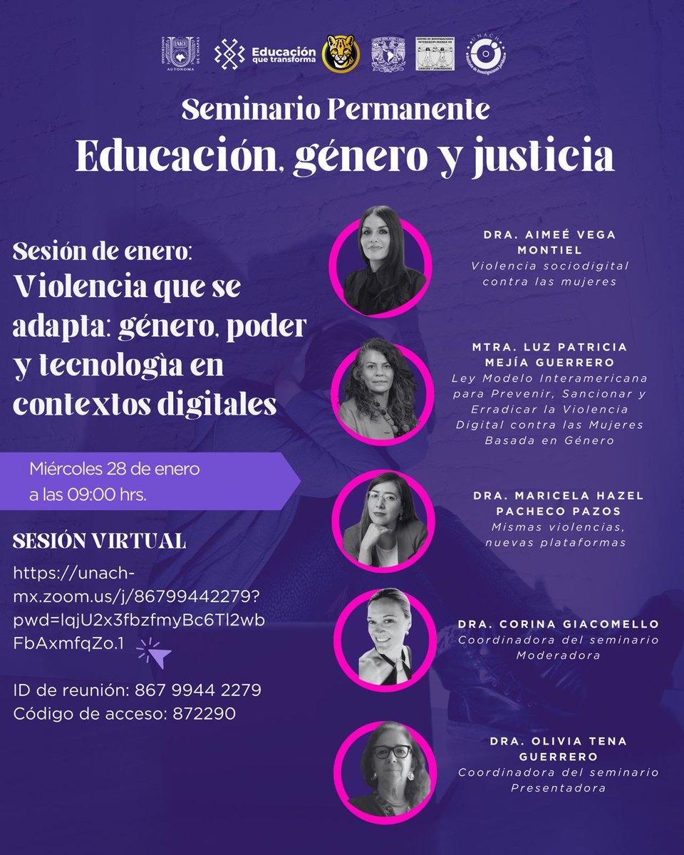 #PasaLaVoz | Mañana, Corina Giacomello y Maricela Hazel Pacheco, profesoras de casa, participarán en el Seminario permanente Educación, género y justicia de nuestra Universidad.

Acompáñalas desde Zoom
Id: 867 9944 2279
Pw: 872290