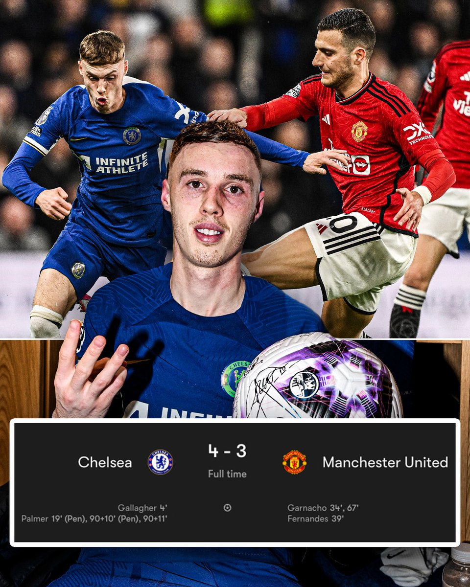 ESPNFC's tweet image. Never forget Cole Palmer's iconic performance against Manchester United in 2024 😮
 
Hat trick ⚽⚽⚽
Penalty to tie the match 🔥
Winner off a corner in stoppage time 🤯