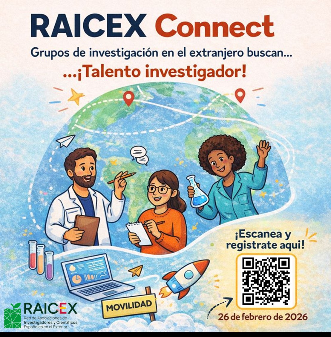 raicex_es's tweet photo. 🧠🌍 ¿Eres IP y buscas Phds o postdocs?
Lanzamos #RAICEXConnect, una iniciativa paraconectar IPs en el extranjero con talento joven en España mediante flashtalks online.
📝 Inscripción IPs 👉 https://t.co/CI0nRWE8EM
⏰ Hasta 26/02/2026
#MovilidadInvestigadora #AtracciónDeTalento https://t.co/UsPM4EfEuK