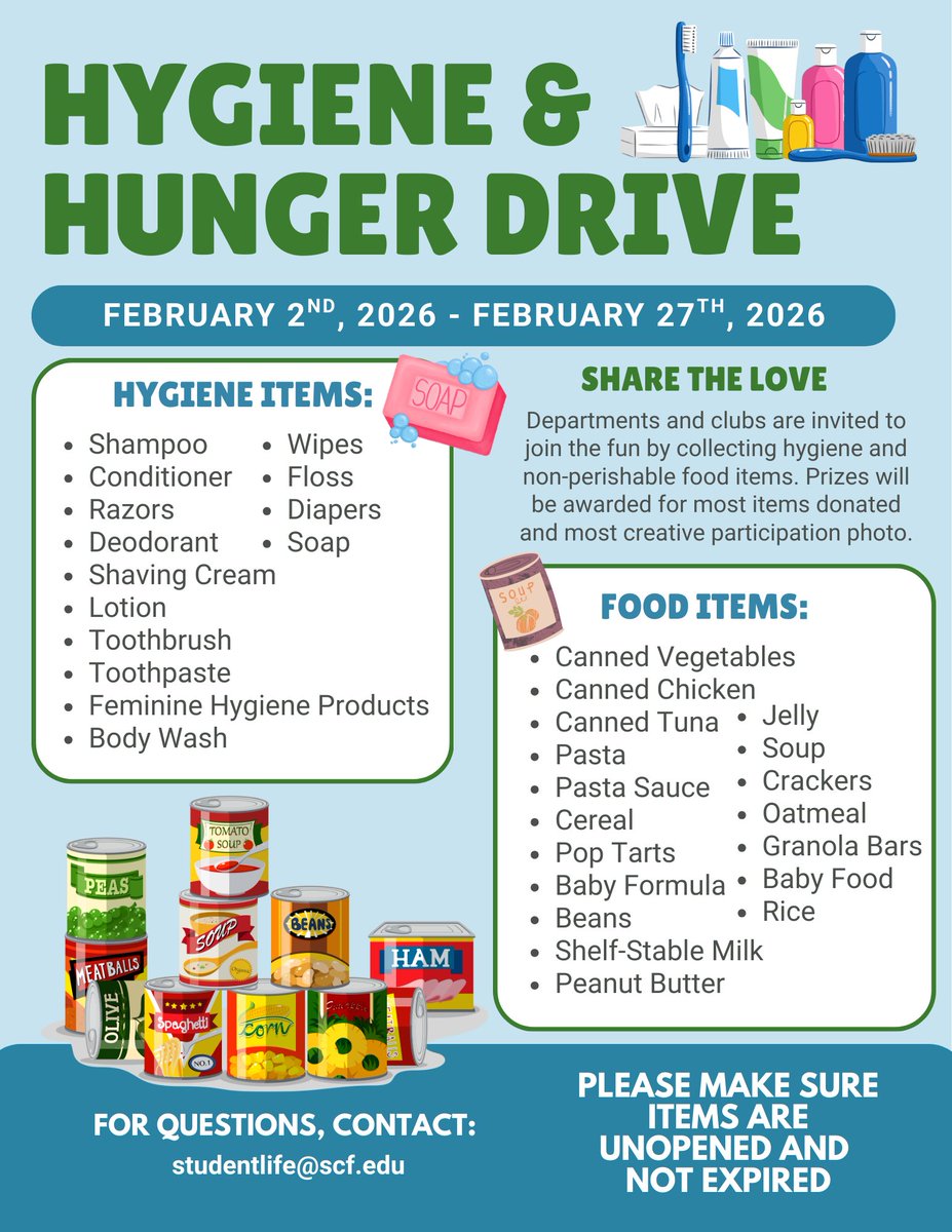 Student Life is hosting our annual Hygiene &amp; Hunger Drive from Feb 2–27🥫
Help support students by donating hygiene items &amp; non-perishable food!
- Items must be unopened &amp; not expired.

Join us and help spread the love!💙
#HygieneAndHunger #SCFStudentLife #SCFProud #SCF
