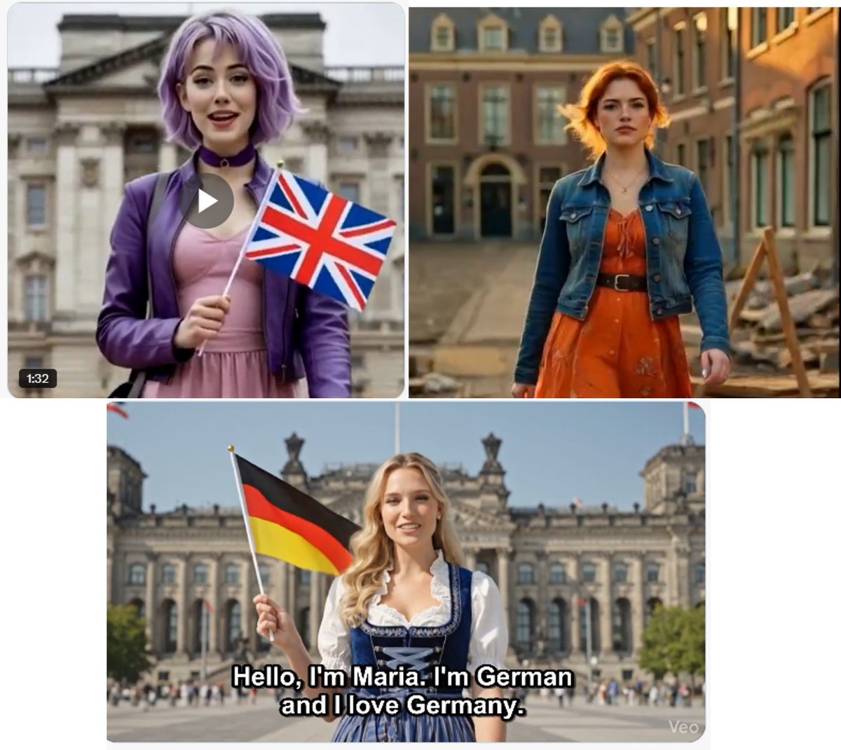 Las nuevas patriotas Europeas de AI: Amelia, Emma y Maria.
Mismo mensaje, recuperar sus países.