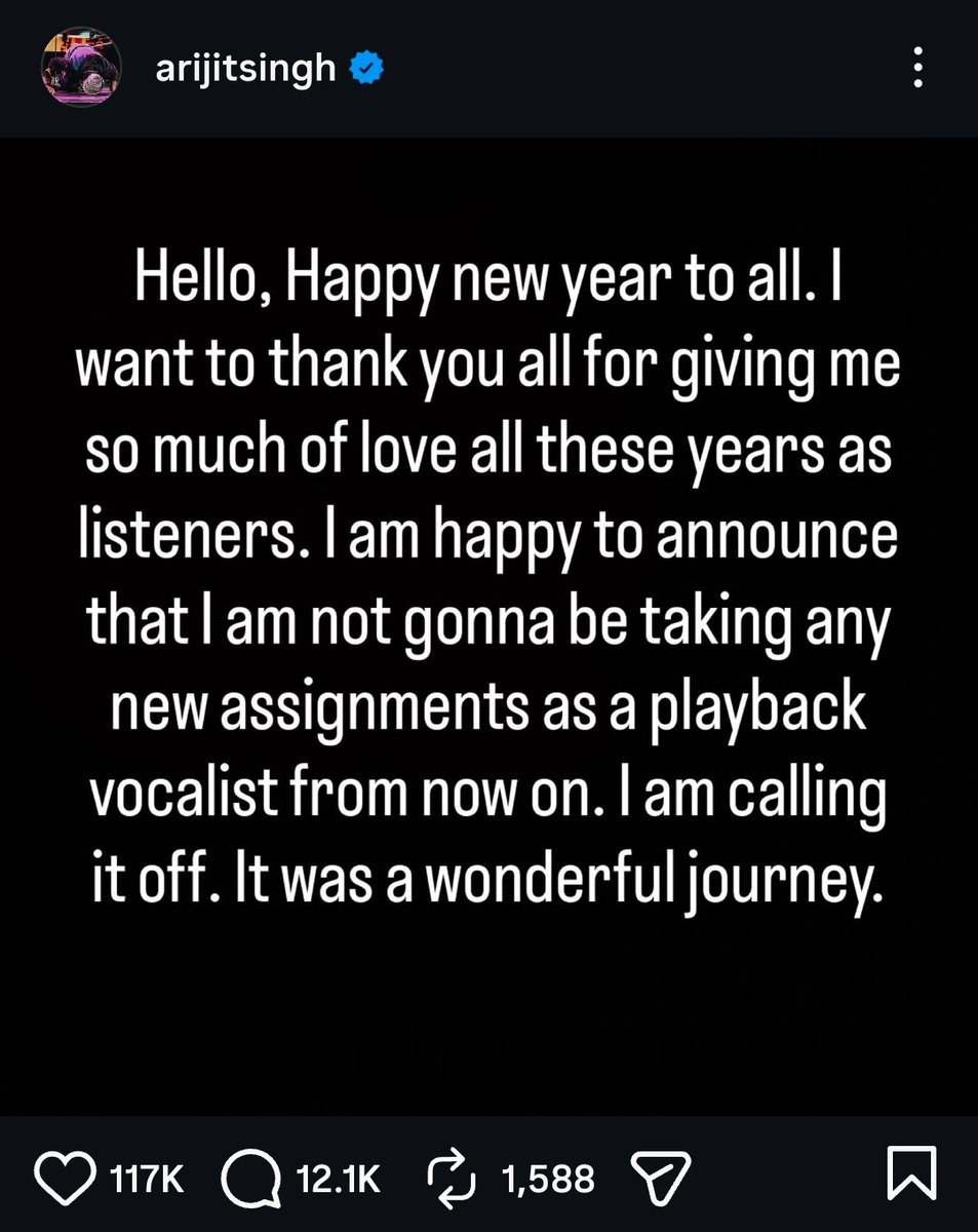 nightchanges's tweet photo. arijit singh has retired from playback singing. bollywood won’t be the same without his songs 😭 https://t.co/SLYeQ510dz