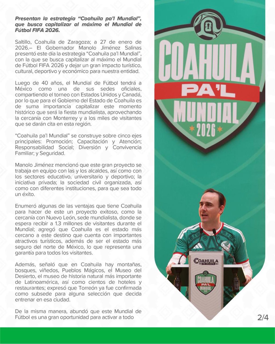 GobDeCoahuila's tweet photo. Coahuila está listo Pa’l Mundial: @manolojim 

#CoahuilaPaDelante #APasosDeGigante
@SeTurCoah https://t.co/NRfPIkvwYw