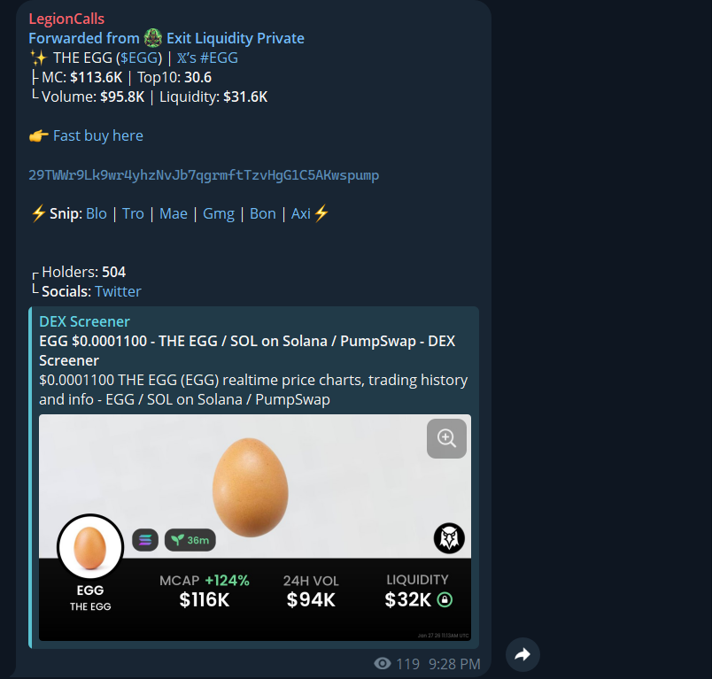 shill_belfort's tweet photo. Establishing authority and showing you find gems before the crowd.

$EGG just hatched into a 6.5x monster! 🥚🚀

We called $EGG in our private channel when the Market Cap was just $113.6K. Current status: $734.6K MC and still holding strong.

That’s a clean +550% profit for those who moved fast.

✅ Early Entry ✅ Real-time Alerts ✅ Massive Gains

The next 10x gem is already being discussed. Don't be late to the next one.

Join the Alpha circle now: 
https://t.co/d2xlsljzHn  🔗

29TWWr9Lk9wr4yhzNvJb7qgrmftTzvHgG1C5AKwspump