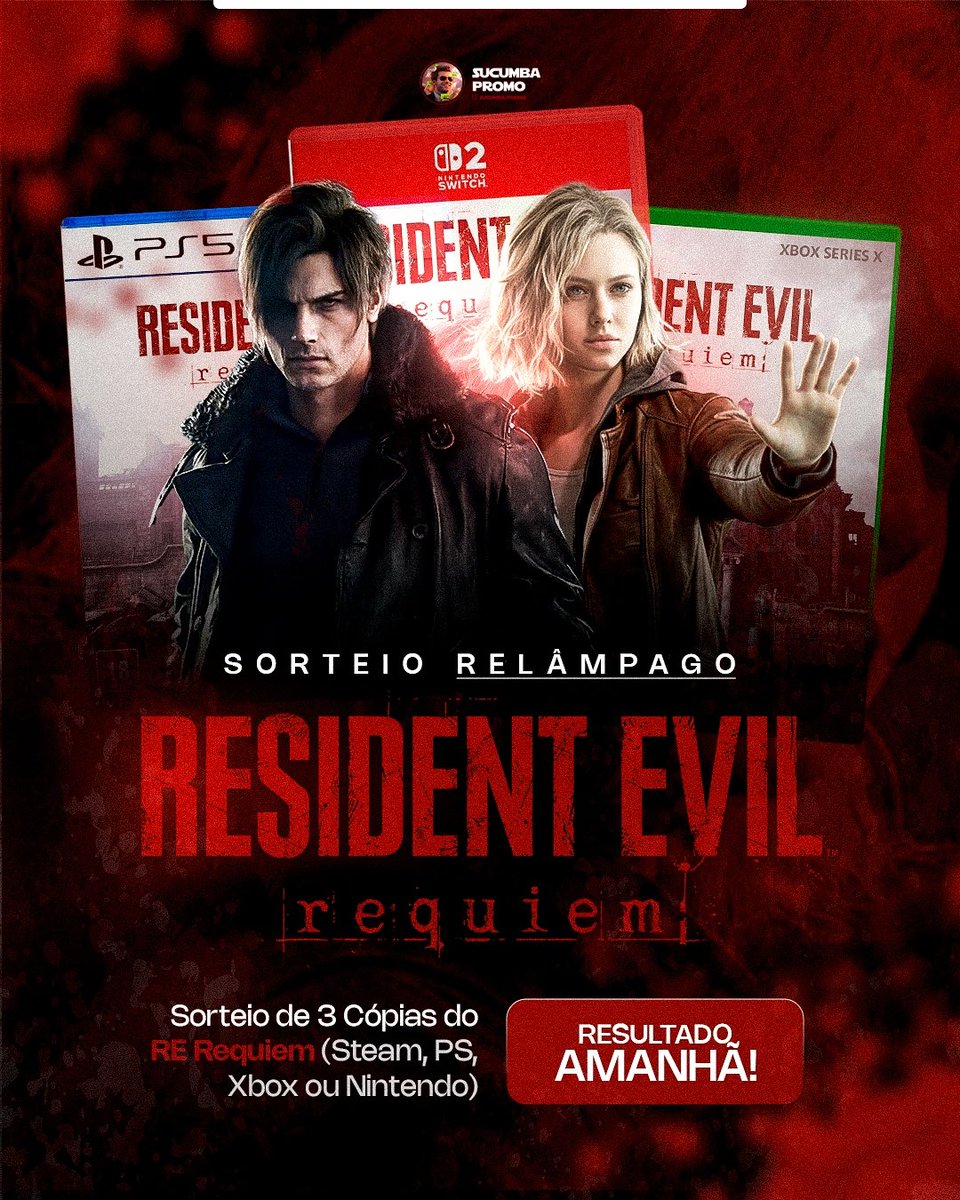 SucumbaGames's tweet image. 🎉 SORTEIO DO RESIDENT EVIL REQUIEM 🎮✨

AMANHÃ, às 21h, vamos sortear 3 seguidores para cada um ganhar 1 Cópia do Jogo

Para participar

• Seguir @SucumbaGames
• ❤️ Curtir + RT 🔄
• Seguir nosso Canal de Promoções no Whatsapp e mandar um Print, Link no 1° comentário e na Bio