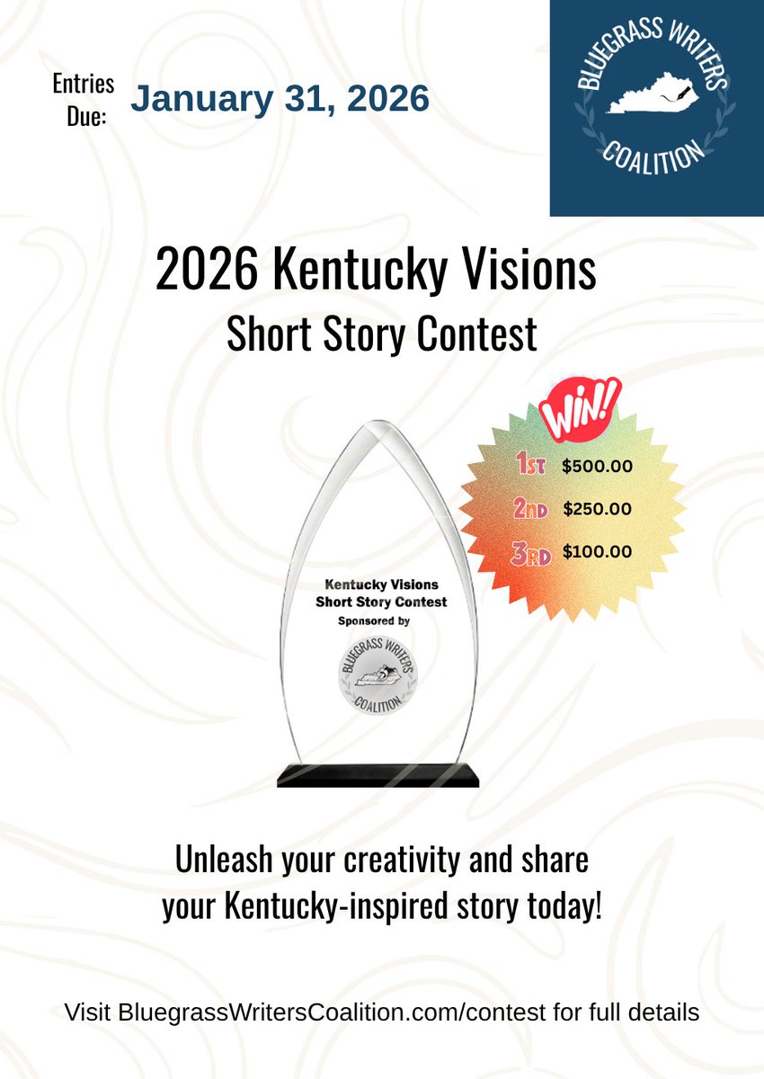 BluegrassWrite1's tweet image. Only FOUR DAYS LEFT to submit your short story! Visit bluegrasswriterscoalition.com/contest/ for details.