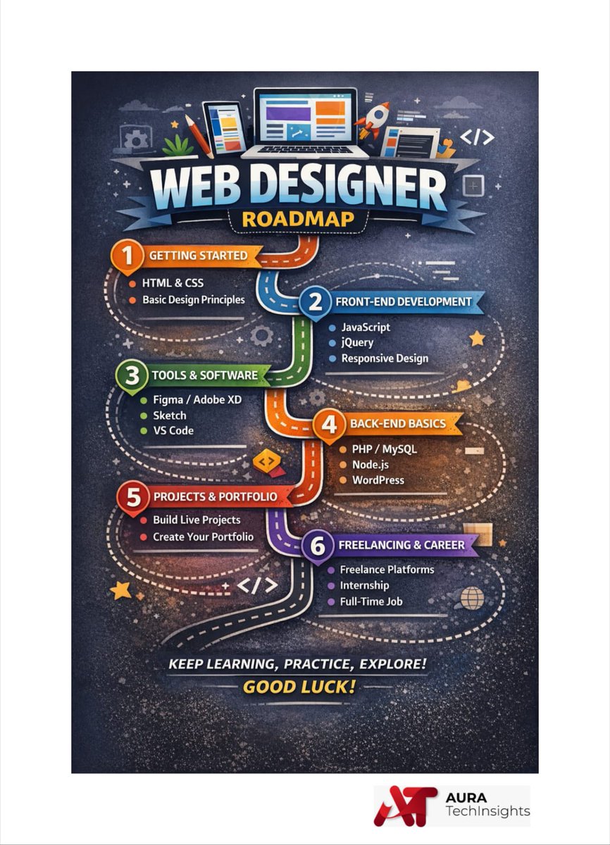 Auratechno72007's tweet photo. Web Designer Roadmap: From Beginner to Professional 🚀
.........
#WebDesignerRoadmap #WebDesign #FrontendDeveloper #UIUXDesign #HTMLCSS #JavaScript #WebDevelopment #DesignToCode #LearnWebDesign #TechCareer https://t.co/nioqEBNldO