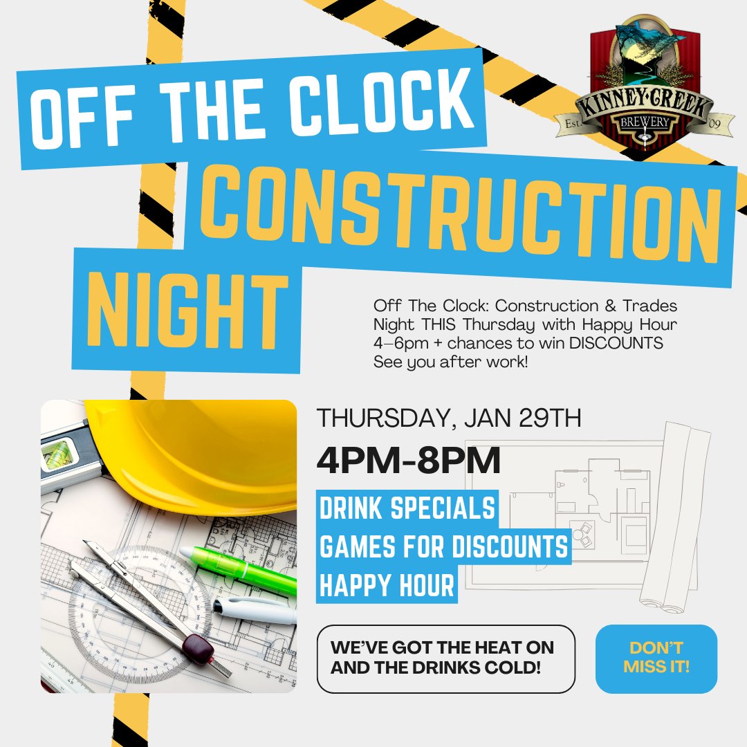 Off the Clock: Construction &amp; Trades Night THIS THURSDAY.

Whether you work in town full-time or you’re here for a few weeks on a project, we’ve got the place to unwind. This Thursday, clock out and stop by for cold beer and a laid-back taproom.

#construction #trades #brewery