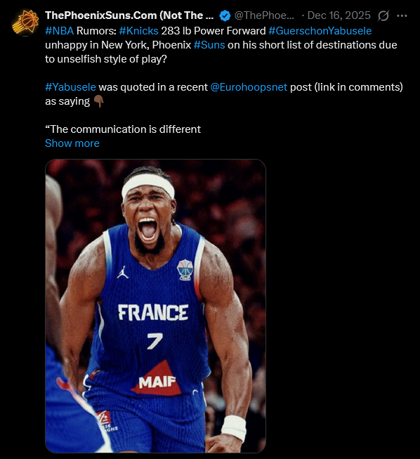 ThePhoenixSuns2's tweet photo. @BasketNews_com No way....πππΏ #Knicks #Suns #GuerschonYabusele #Yabusele #KeepTheReceipts #timeStampIt #NBAtradeDeadline #SunsX #NBAX #NewYorkForever https://t.co/PmIjgw5Plq