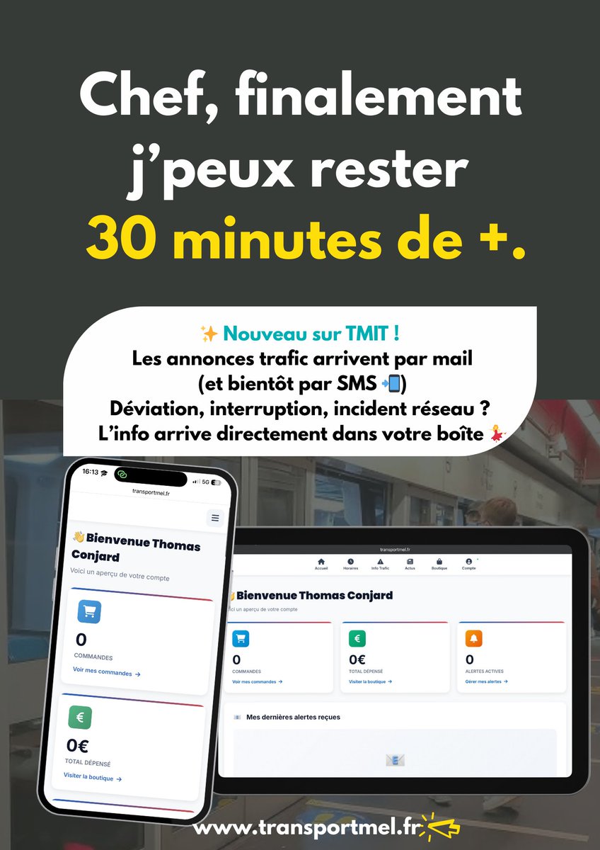 hexainfotrafic's tweet image. 💃LANCEMENT de la nouvelle direction de @TransportMel  ‼️

 ➡️Déploiement d'un site + moderne, + attractif + simple d'utilisation 
 ➡️Déploiement de l'info trafic via Mail + SMS ( bientôt dispo pour les SMS )
 ➡️Lancement d'une boutique de #Goodies pour financer l'#appTMIT ! 👀