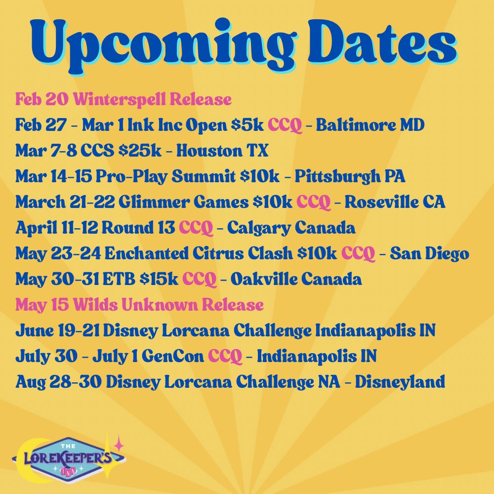 lorekeepersinn's tweet image. ❄️ Winterspell is coming and the competition is heating up! 🔥

These are some of the big @DisneyLorcana Tournaments coming up this year in the US and Canada, including SIX CCQs! And three  ✨infinity✨tournaments!

Did I miss any big ones? Which ones will you be at?