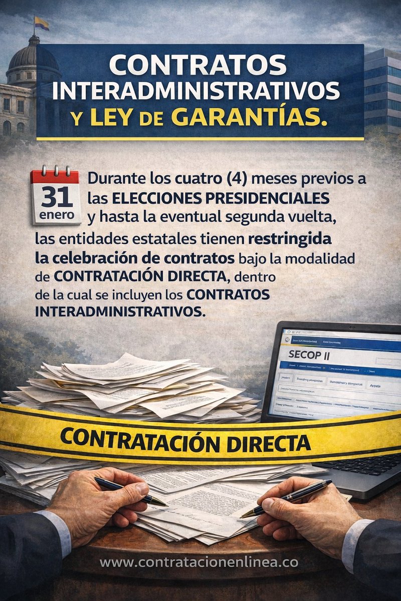 contrataenlinea's tweet image. 🚨LEY DE GARANTÍAS. Durante los 4 meses previos a las ELECCIONES PRESIDENCIALES y hasta la eventual segunda vuelta, entidades tienen restringida celebración de contratos bajo la modalidad de CONTRATACIÓN DIRECTA que incluye CONTRATOS INTERADMINISTRATIVOS contratacionenlinea.co/documentos/con…