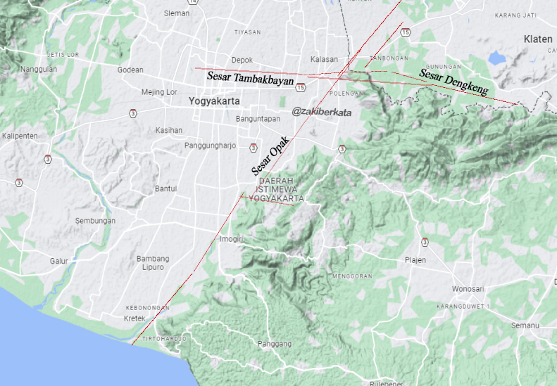 Selain Sesar Opak, di Jogja juga ada Sesar Dengkeng (potensi mag max 6.2) dan Sesar Mataram atau dalam rilis PusGeN 2024 disebut Sesar Tambakbayan (potensi mag max 6.1).
