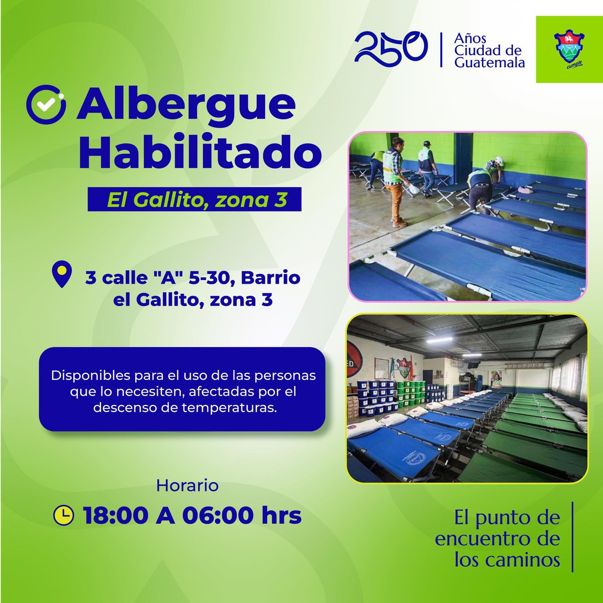 Por las bajas temperaturas, el alcalde Ricardo Quiñonez ha habilitado el albergue en 13 calle “A” 5-30 “Barrio El Gallito” #zona3, para brindar resguardo a quienes lo necesiten.

<a href="/DCH_gt/">Dirección del Centro Histórico</a> 

#MuniGuateAlFrente #ClimaGT #MuniGuate