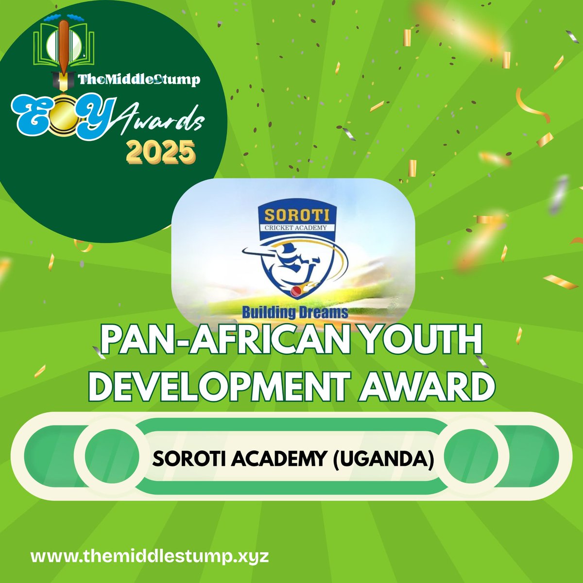 Congratulations to the Pan African Youth Development Award winner – Soroti Cricket Academy (Uganda)
<a href="/SorotiAcademy/">Soroti Cricket Academy</a> just installed state-of-the-art batting nets eliminating barriers, enabling dreams. East Africa's cricket is rising.

#TMSEOYAwards 
#SorotiAcademy 
#Uganda