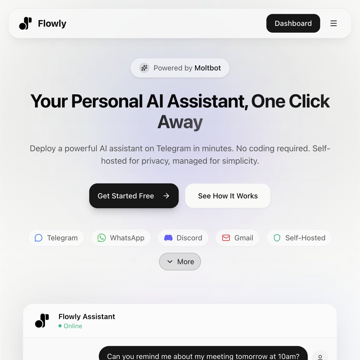 useflowlyai's tweet photo. We spent 3 hours setting up Moltbot (a.k.a clawdbot) @openclaw 

Then we thought: "1000+ people want this but won't do this."

So we built Flowly.

Your AI assistant, everywhere you chat. One click. 5 minutes. Done.

Live: https://t.co/pxwafRJXh0 ⚡

#clawdbot #moltbot https://t.co/m2rcRADVvG