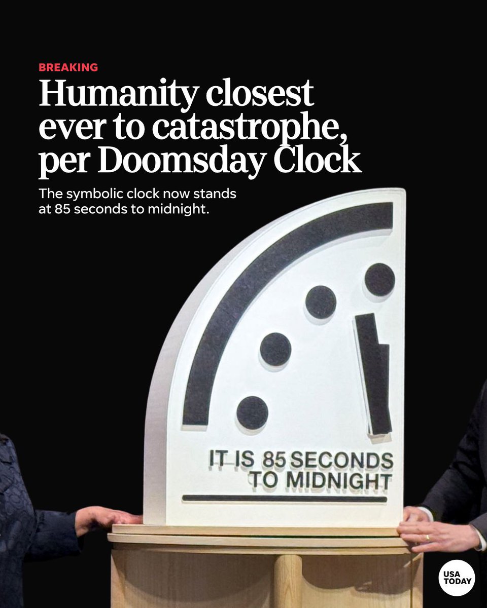 USATODAY's tweet image. The human race is at its closest point yet to destroying itself, according to the reset of the ominous but symbolic "Doomsday Clock." The metaphorical clock now stands at 85 seconds to midnight after advancing four seconds since last year's reset. bit.ly/4k1EFUD