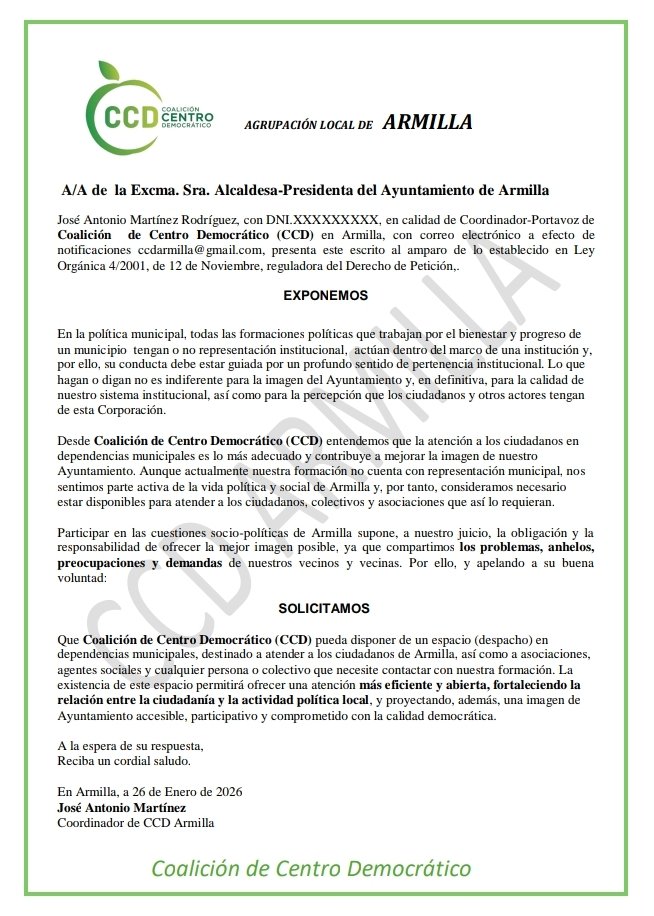 En el día de hoy hemos presentado, en el Registro del Ayuntamiento de Armilla, una solicitud para disponer de un despacho en dependencias municipales.
#ccdarmilla
#municipalistas