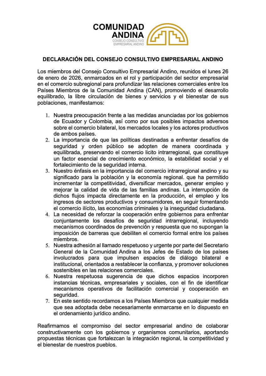 Declaración del Consejo Consultivo Empresarial Andino.