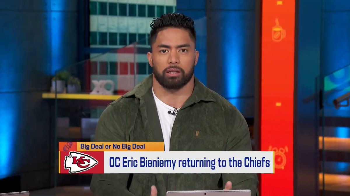 Manti Te'o thinks it's a "huge deal" that Eric Bieniemy is returning to the Chiefs as their OC.